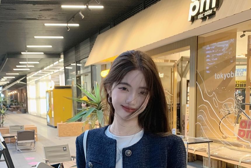 Round Neck Button-Up Tweed Crop Jacket / Plain Tank Top / Mid Rise Washed Wide Leg Jeans