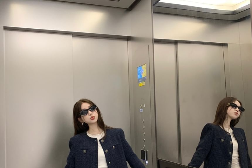 Round Neck Button-Up Tweed Crop Jacket / Plain Tank Top / Mid Rise Washed Wide Leg Jeans