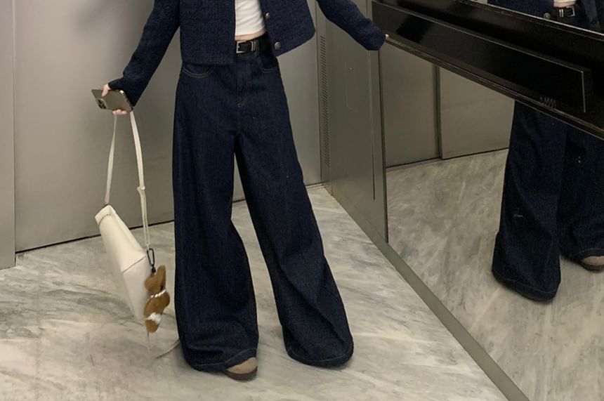 Round Neck Button-Up Tweed Crop Jacket / Plain Tank Top / Mid Rise Washed Wide Leg Jeans