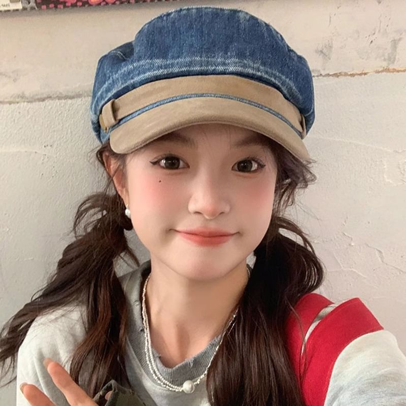 Faux Cap Sailor Panel Denim Washed Suede