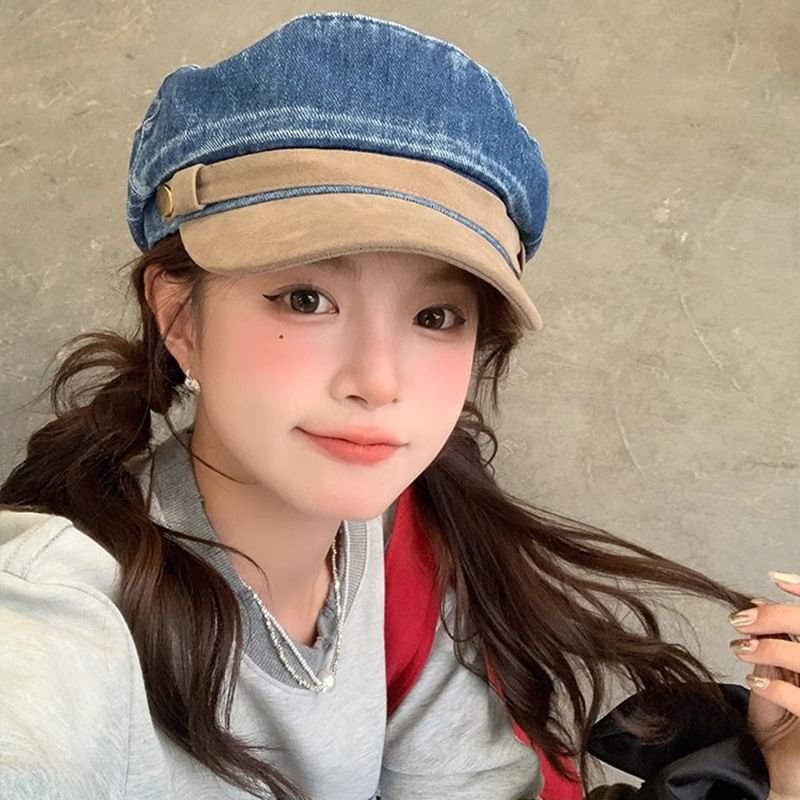 Faux Cap Sailor Panel Denim Washed Suede