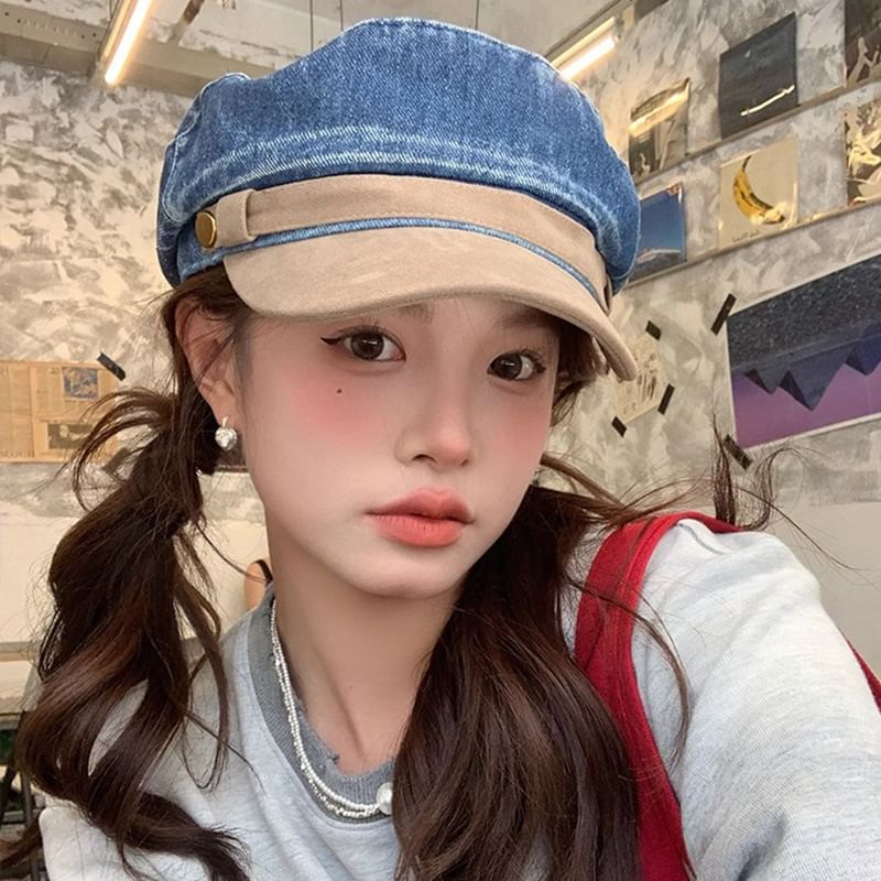 Faux Cap Sailor Panel Denim Washed Suede