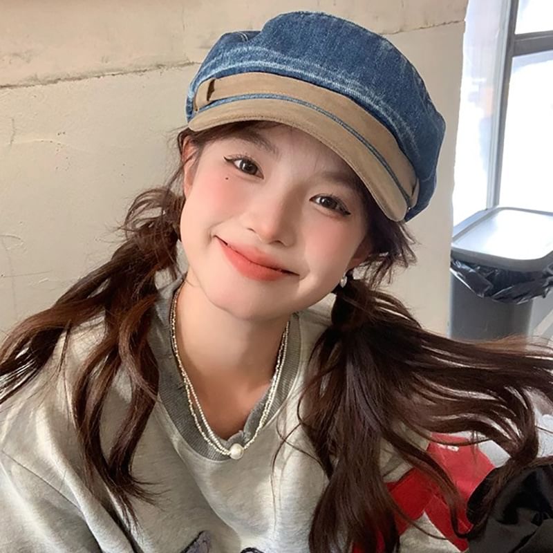 Faux Cap Sailor Panel Denim Washed Suede