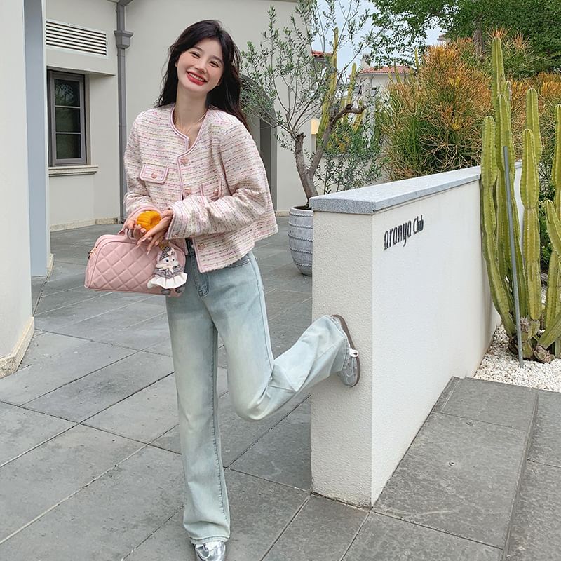 Crew Neck Button-Up Tweed Crop Jacket