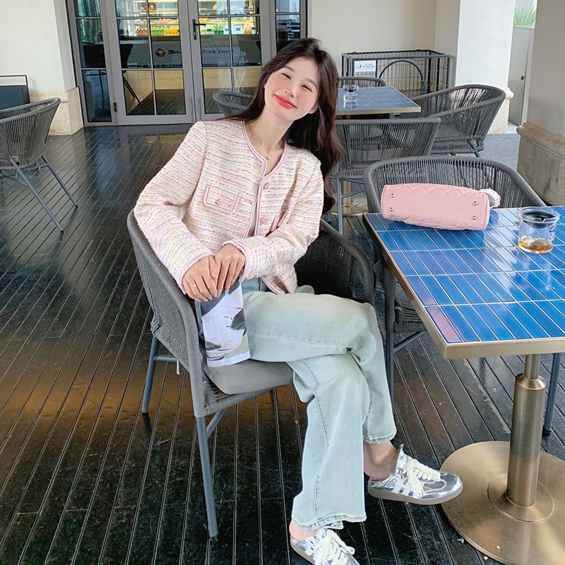 Crew Neck Button-Up Tweed Crop Jacket