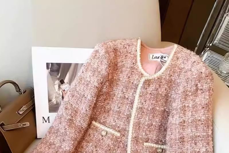 Crew Neck Contrast Trim Open Front Tweed Crop Jacket