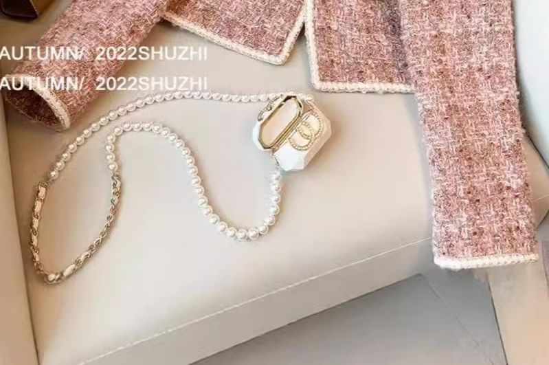 Crew Neck Contrast Trim Open Front Tweed Crop Jacket