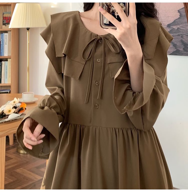 Long-Sleeve Ruffle Plain Midi A-Line Dress