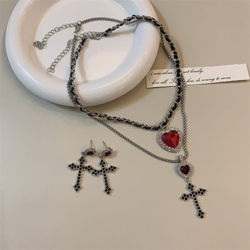 Cross Heart Rhinestone Pendant Layered Alloy Choker / Cross Drop Earring