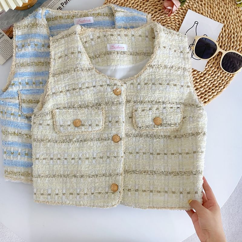 Sleeveless V-Neck Tweed Button Cropped Vest