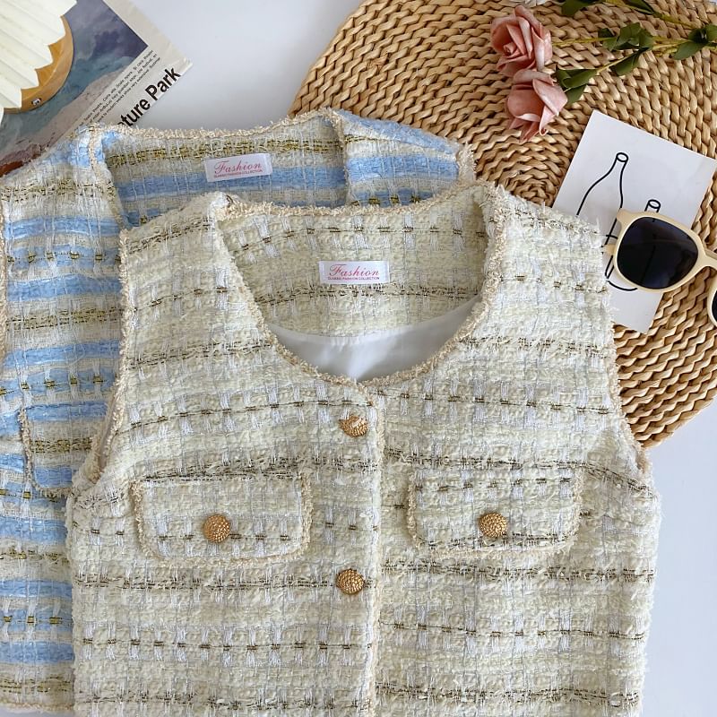 Sleeveless V-Neck Tweed Button Cropped Vest