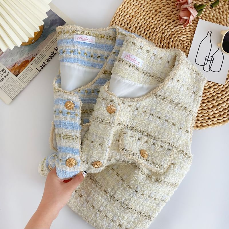 Sleeveless V-Neck Tweed Button Cropped Vest