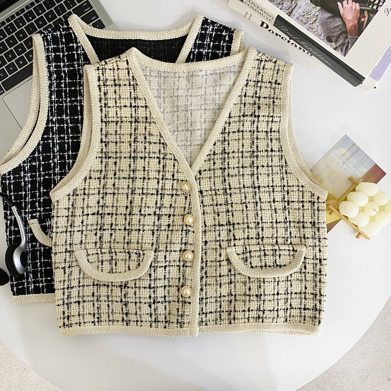 V-Neck Plaid Tweed Button Cropped Vest