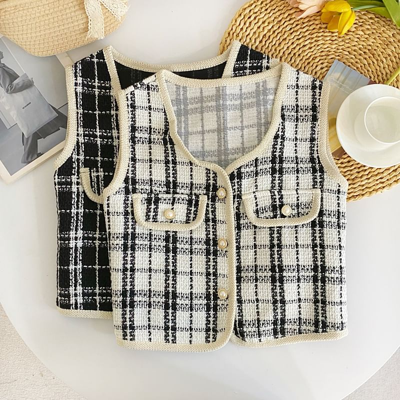 V-Neck Houndstooth Button Cropped Vest