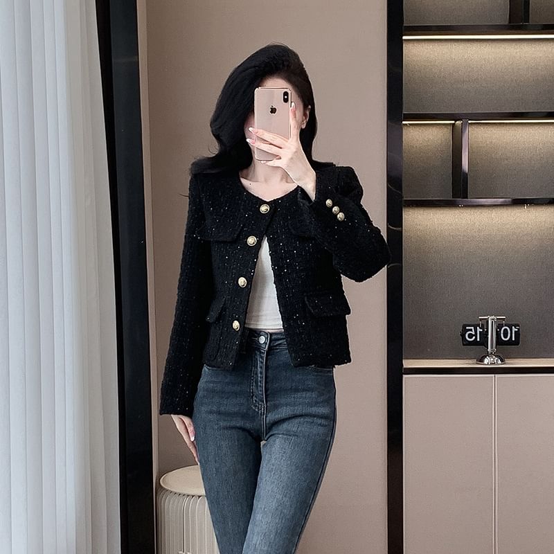 Crew Neck Tweed Cropped Button Jacket