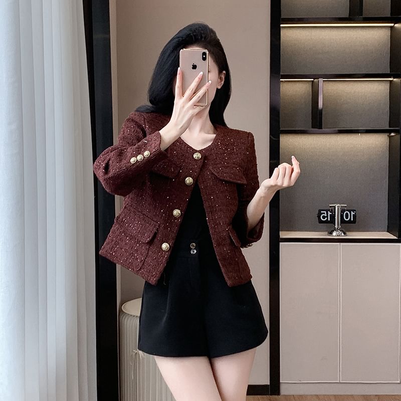 Crew Neck Tweed Cropped Button Jacket