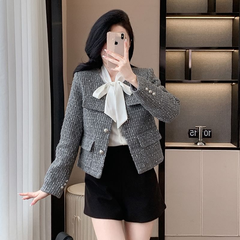 Crew Neck Tweed Cropped Button Jacket