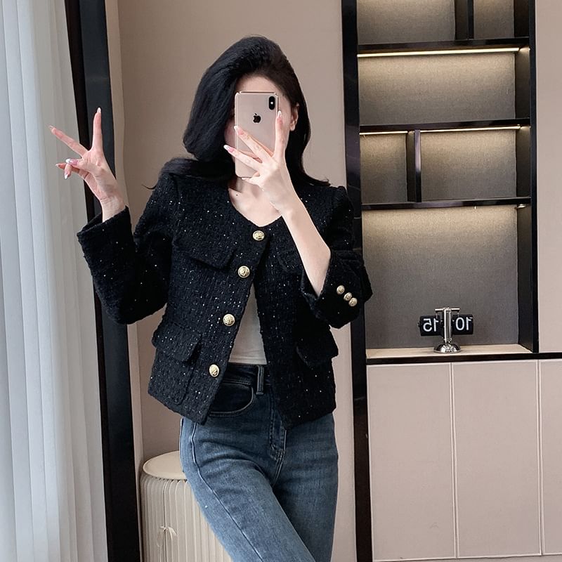 Crew Neck Tweed Cropped Button Jacket