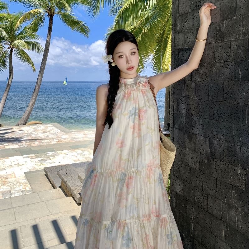 Halter Midi Floral Tiered A-Line Sleeveless Sundress