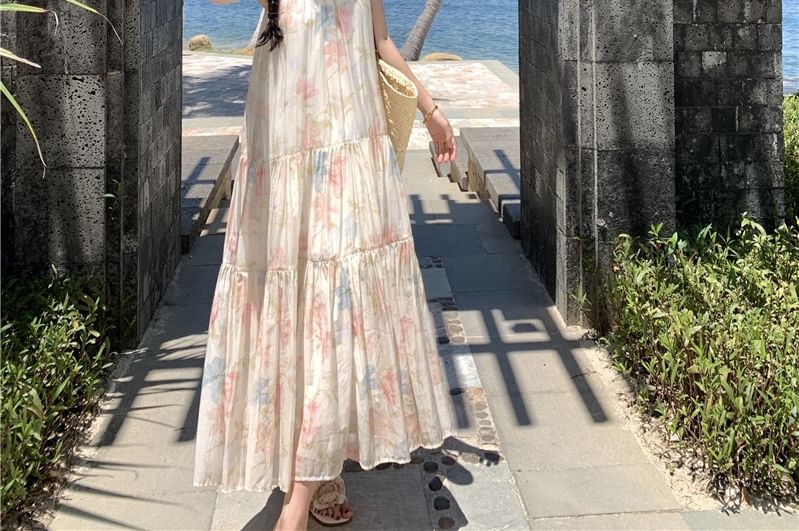 Halter Midi Floral Tiered A-Line Sleeveless Sundress