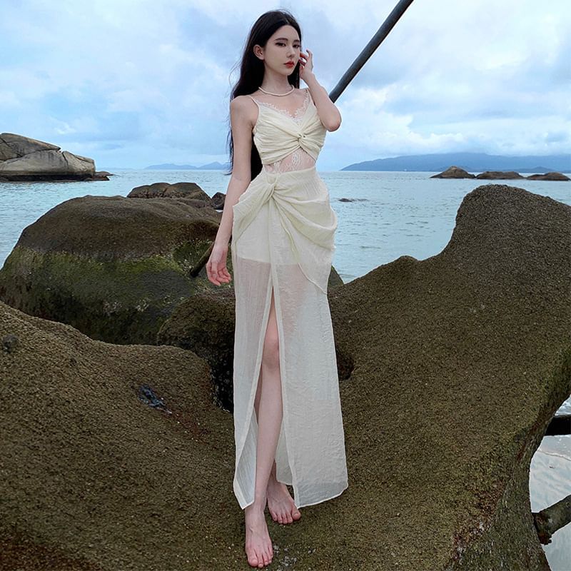 Panel Dress Knot Sheath Strap Spaghetti Maxi Lace Slit