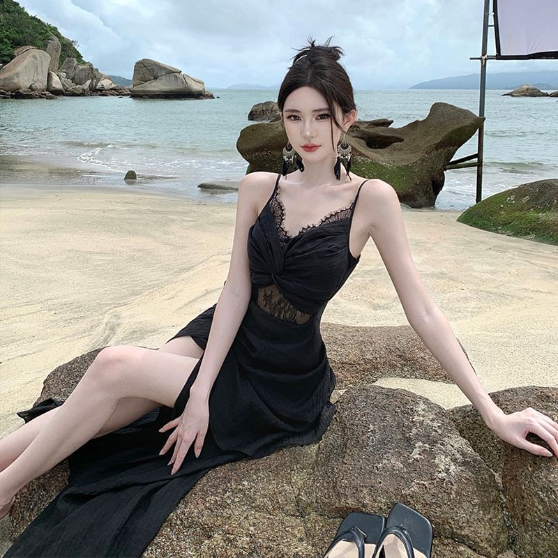 Panel Dress Knot Sheath Strap Spaghetti Maxi Lace Slit