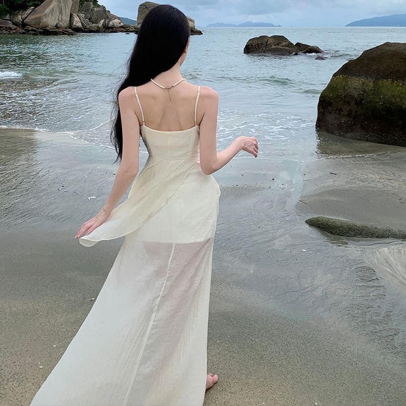 Panel Dress Knot Sheath Strap Spaghetti Maxi Lace Slit