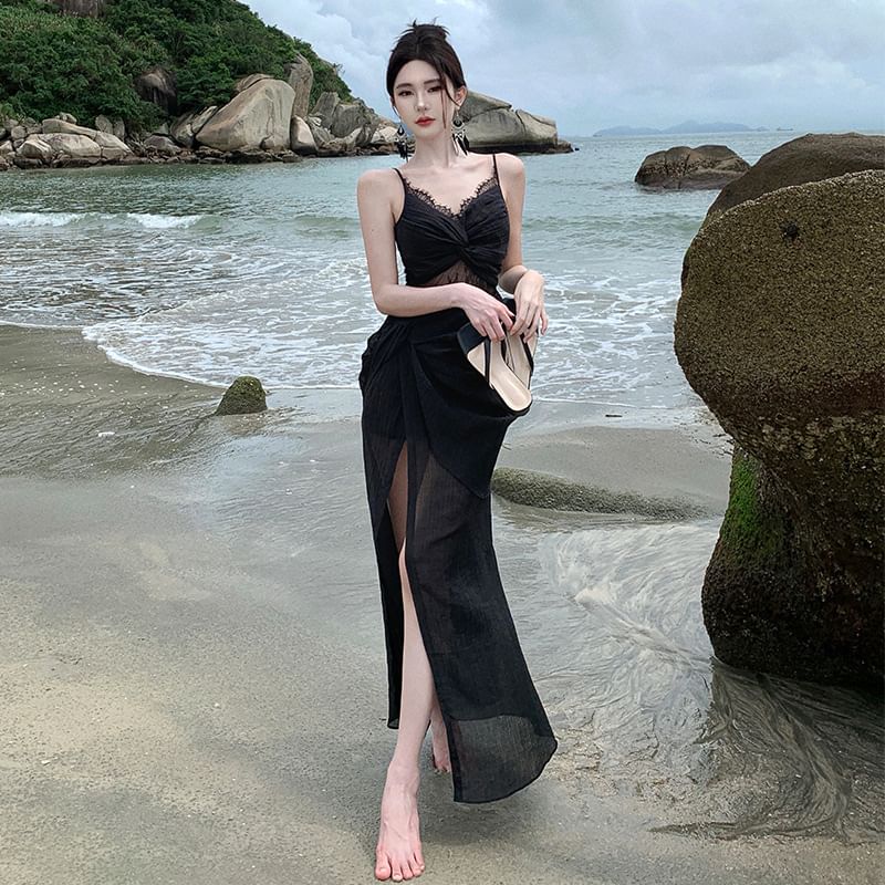Panel Dress Knot Sheath Strap Spaghetti Maxi Lace Slit