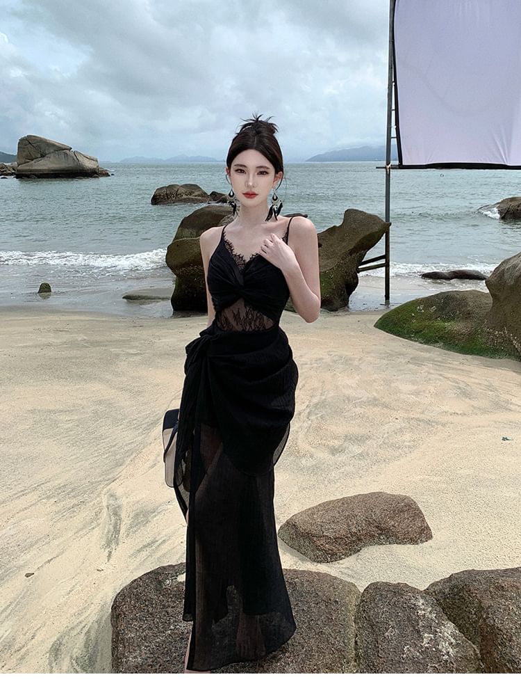 Panel Dress Knot Sheath Strap Spaghetti Maxi Lace Slit