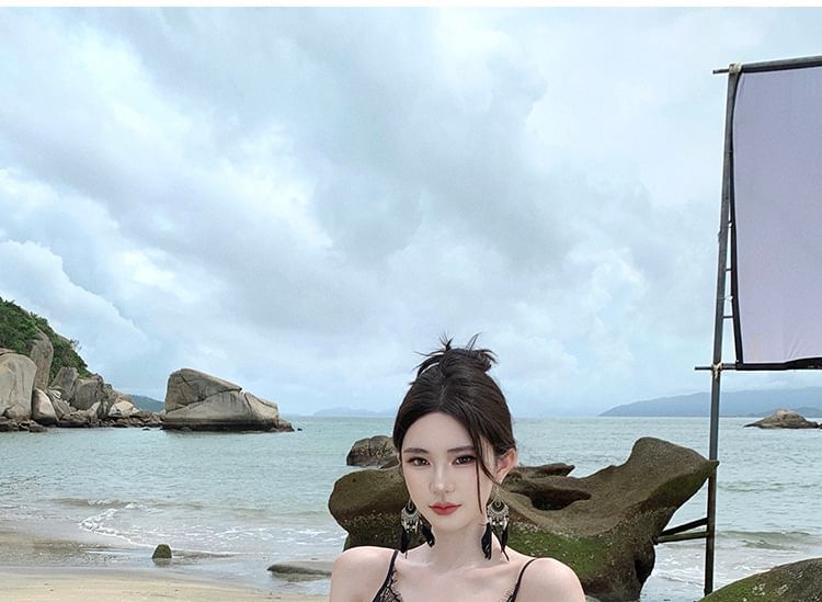 Panel Dress Knot Sheath Strap Spaghetti Maxi Lace Slit