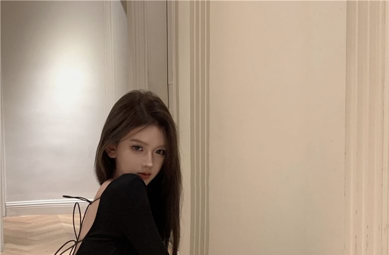 A-Line Long-Sleeve Maxi Back Round Plain Open Neck Dress