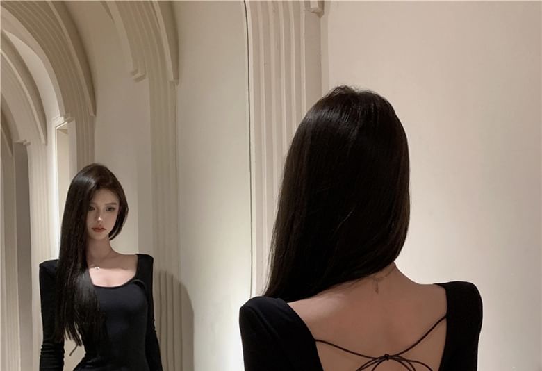 A-Line Long-Sleeve Maxi Back Round Plain Open Neck Dress