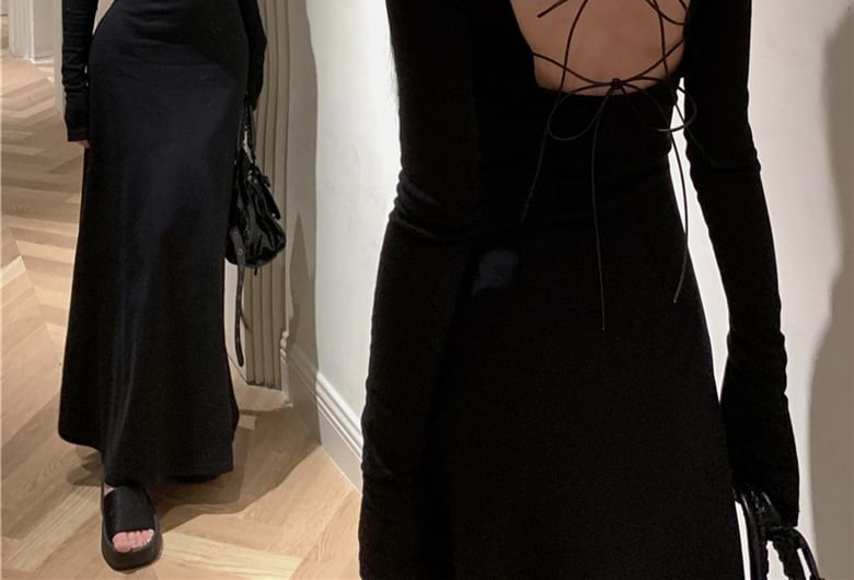 A-Line Long-Sleeve Maxi Back Round Plain Open Neck Dress