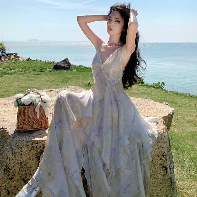 Spaghetti Floral A-Line Midi Lace Strap Sundress Panel Asymmetrical