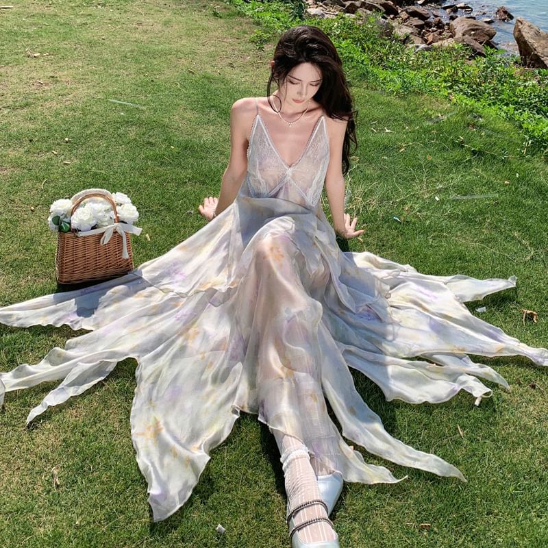 Spaghetti Floral A-Line Midi Lace Strap Sundress Panel Asymmetrical