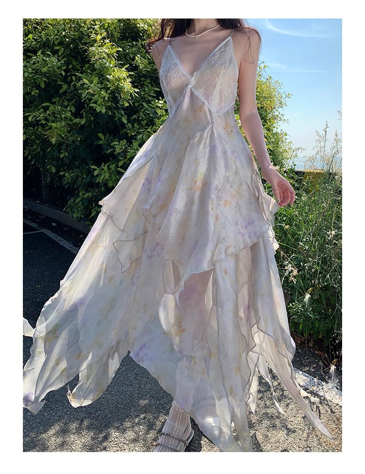 Spaghetti Floral A-Line Midi Lace Strap Sundress Panel Asymmetrical
