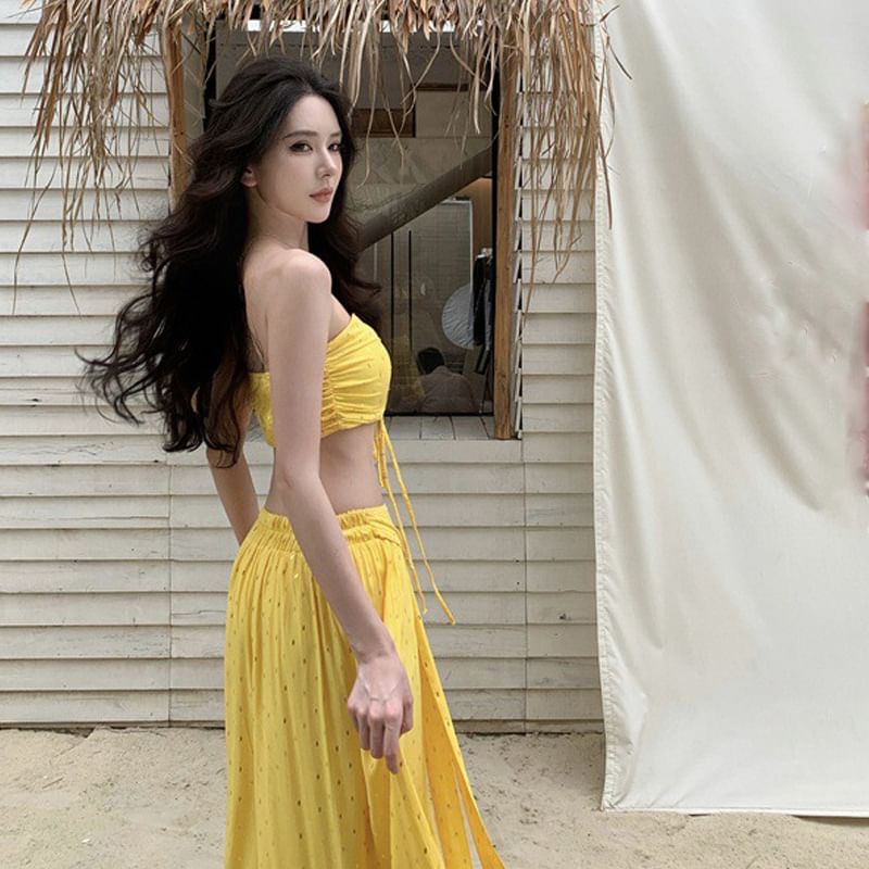 Set: + Mid Crop Tube Maxi Rise A-Line Top Skirt Lace-Up