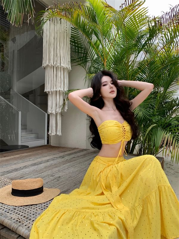 Set: + Mid Crop Tube Maxi Rise A-Line Top Skirt Lace-Up