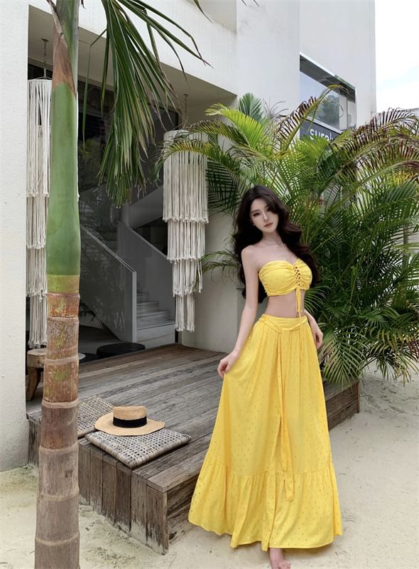 Set: + Mid Crop Tube Maxi Rise A-Line Top Skirt Lace-Up