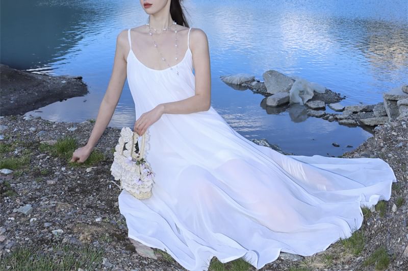 Strap A-Line Asymmetrical Spaghetti Plain Dress Midi