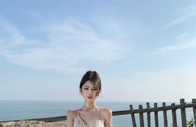 Dress Open A-Line Back Maxi Trim Floral Halter Ruffle