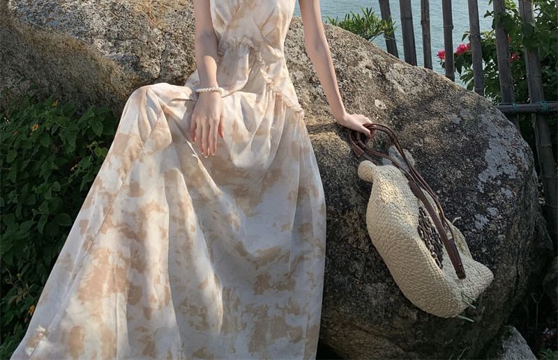 Dress Open A-Line Back Maxi Trim Floral Halter Ruffle