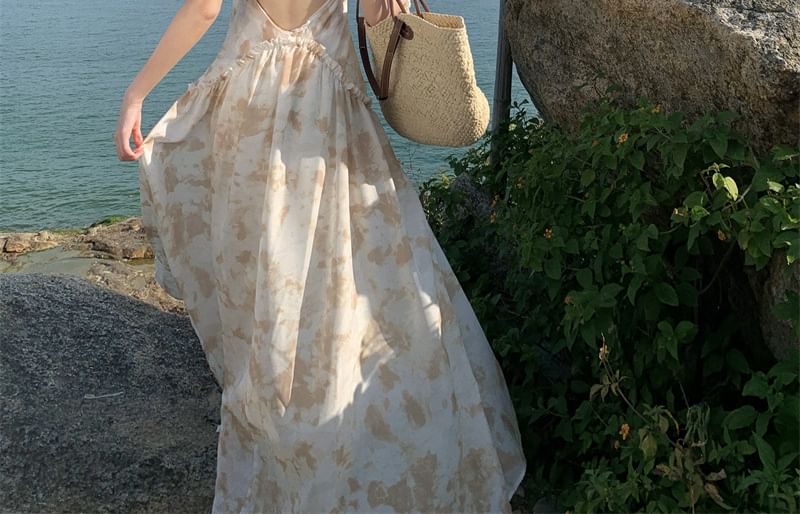 Dress Open A-Line Back Maxi Trim Floral Halter Ruffle