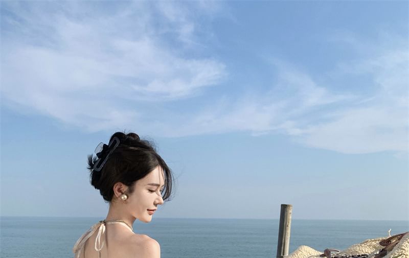 Dress Open A-Line Back Maxi Trim Floral Halter Ruffle