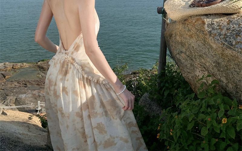 Dress Open A-Line Back Maxi Trim Floral Halter Ruffle