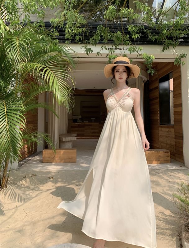 V-Neck Sleeveless Dress A-Line Maxi Slit Cutout