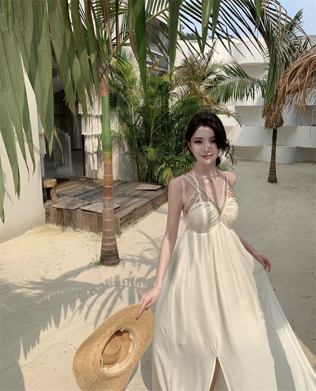 V-Neck Sleeveless Dress A-Line Maxi Slit Cutout