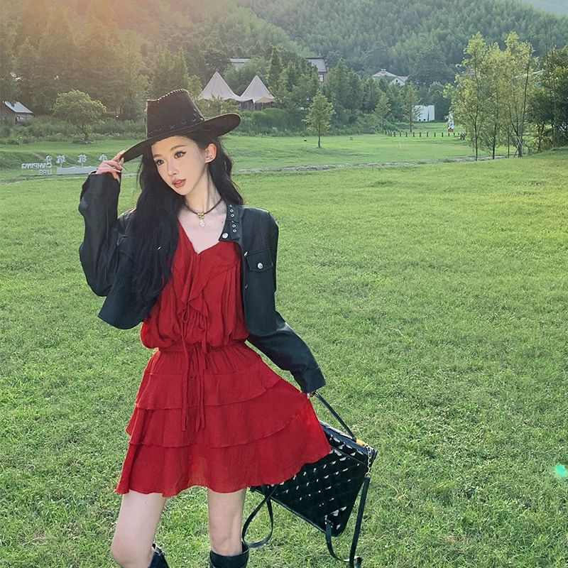 Plain Skirt Blouse Mini + A-Line Long-Sleeve Set: V-Neck Tiered