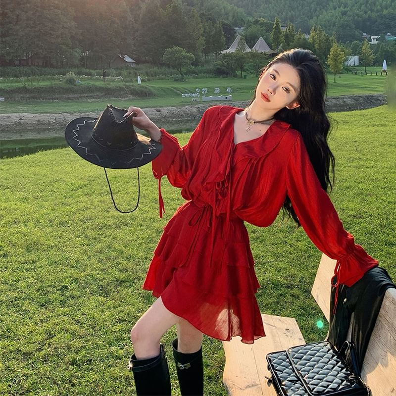 Plain Skirt Blouse Mini + A-Line Long-Sleeve Set: V-Neck Tiered