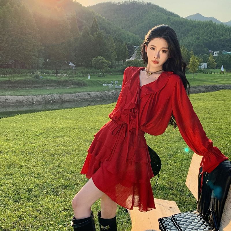 Plain Skirt Blouse Mini + A-Line Long-Sleeve Set: V-Neck Tiered